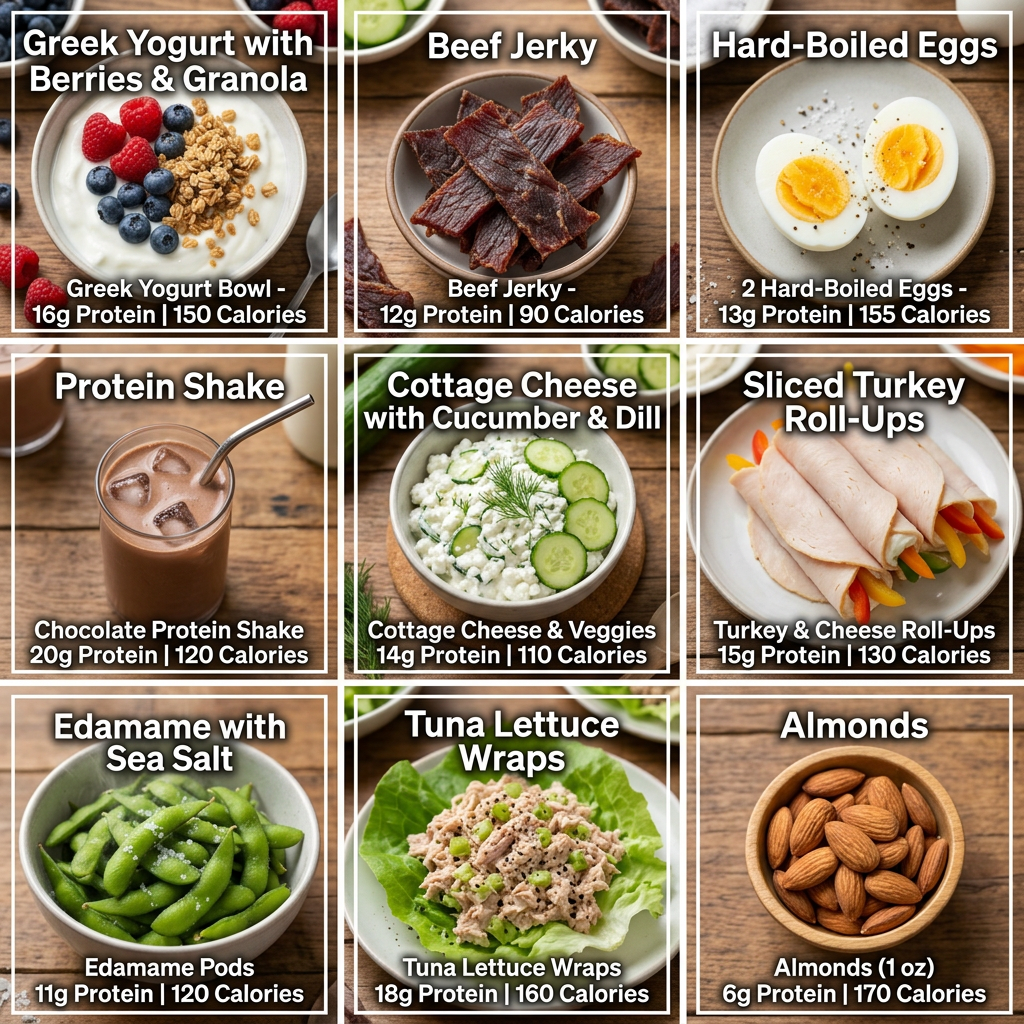 Nine bowls and plates of various high-protein snacks with protein grams and calories labeled