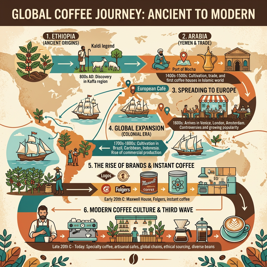 Step By Step: The Global Journey of Coffee,  From Ancient Origins to Modern Brews