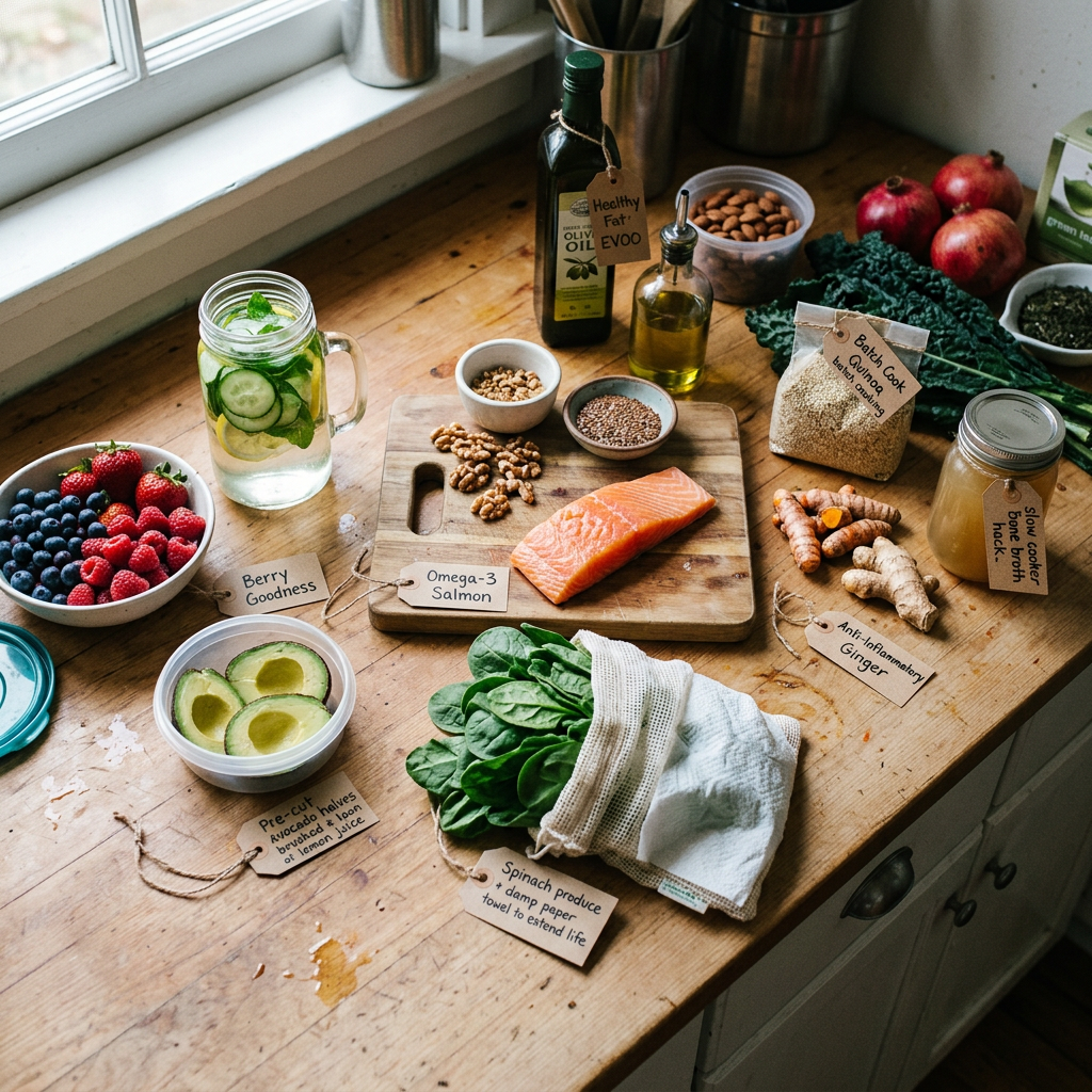 Fresh anti-inflammatory foods labeled with health benefits on a wooden kitchen counter