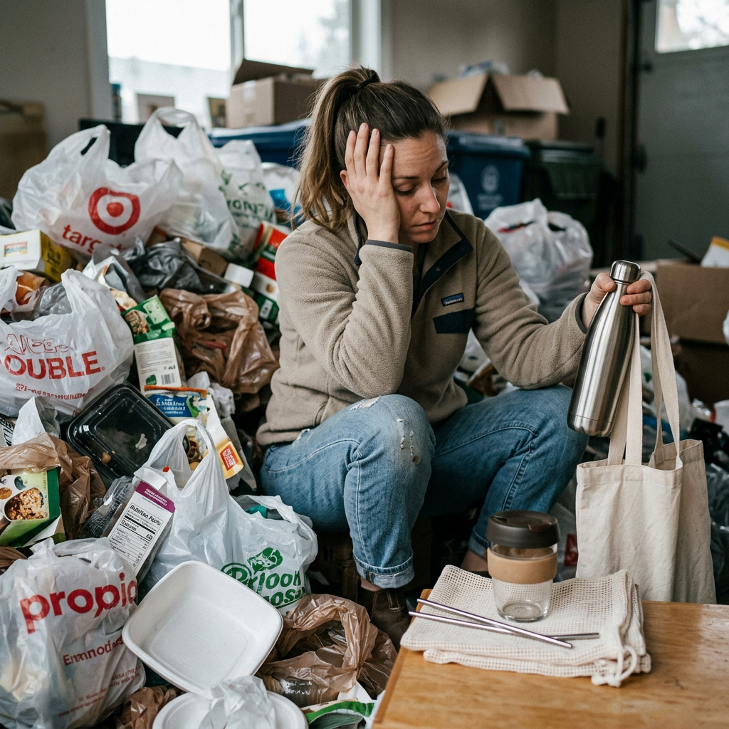 Woman sitting among numerous plastic shopping bags and waste, holding a reusable water bottle and tote bag