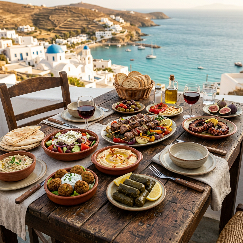 Table with Greek salads, grilled meat skewers, olives, bread, wine, and seafood by the sea