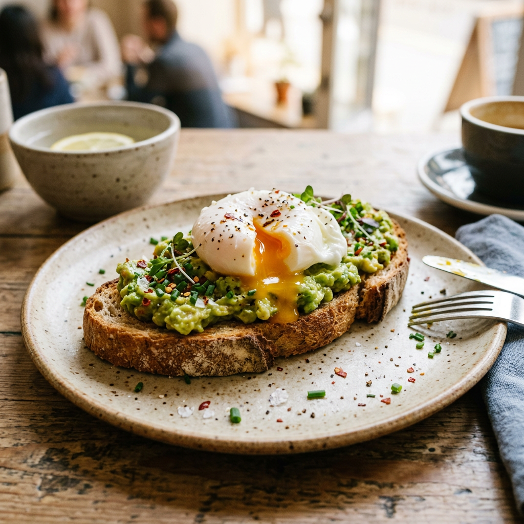 Avocado toast with a poached egg and seasoning on a ceramic plate