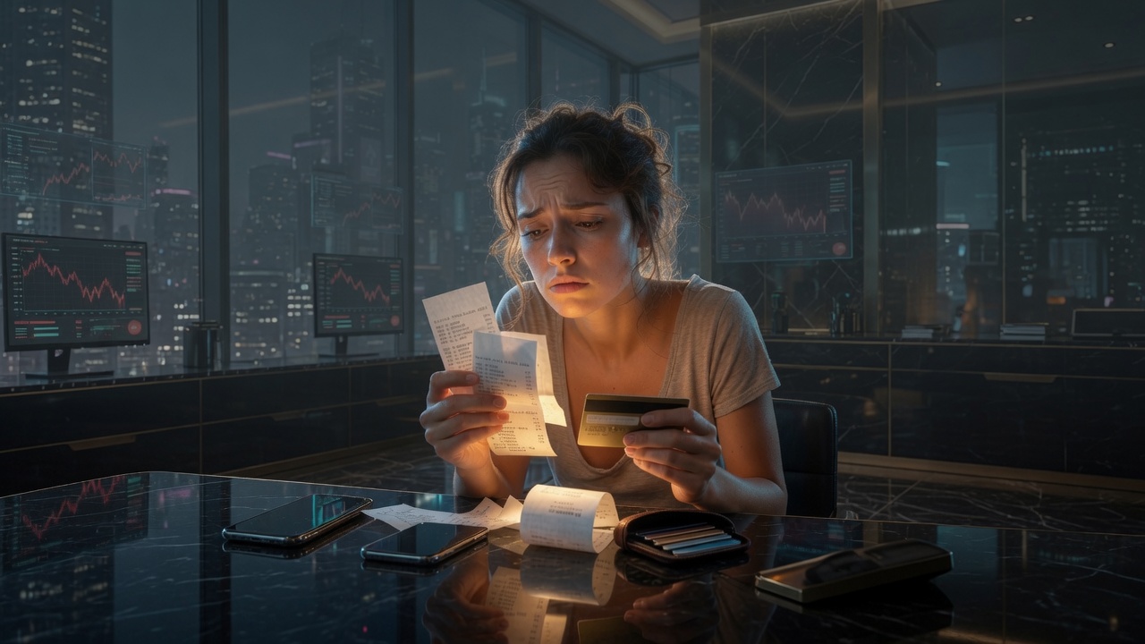 Woman reviewing bills by lamp light, overwhelmed by psychological biases that waste money