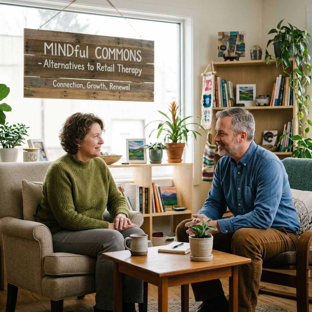 Sign reads “MINDFUL COMMONS – Alternatives to Retail Therapy; Connection, Growth, Renewal,” with two people talking.