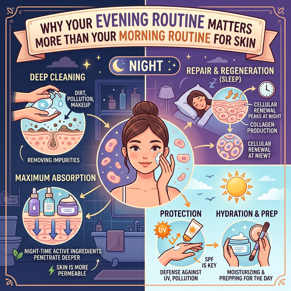 Infographic: Why your evening routine matters more than your morning routine for skin; night deep cleaning removes impurities, maximum absorption, repair and regeneration during sleep, cellular renewal and collagen production, protection against UV and pollution, and hydration and prep with SPF and moisturizer.