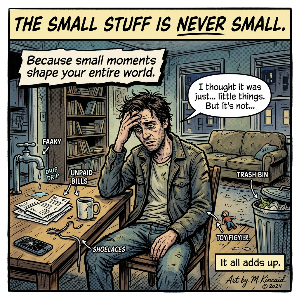 Comic reading “THE SMALL STUFF IS NEVER SMALL” shows a stressed man surrounded by problems.