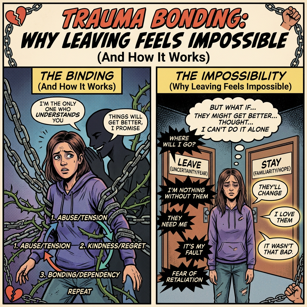 Infographic titled “Trauma Bonding: Why Leaving Feels Impossible (And How It Works)”